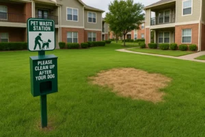 A pet waste station stands near a brown patch of grass in a Fort Worth apartment complex courtyard, highlighting the impact of uncollected dog waste on landscaping.