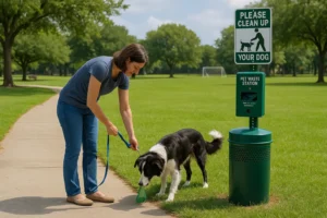 A woman picks up after her Border Collie near a pet waste station in a public park in Fort Worth, Texas, promoting responsible dog ownership and professional poop removal services.