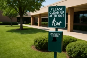 A green pet waste station stands on the manicured lawn of a commercial property in Fort Worth, Texas, encouraging responsible pet waste disposal.